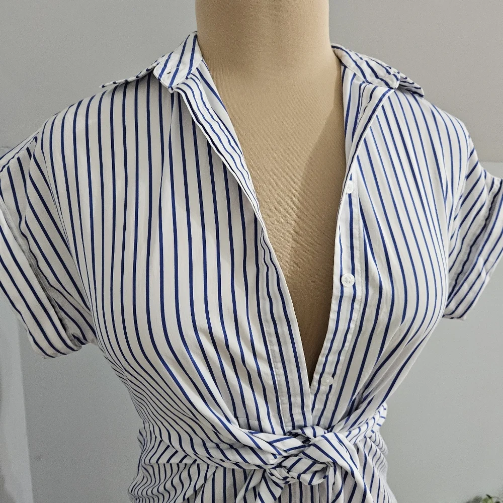 Lauren Ralph Lauren Blue White Stripe Wrap Blouse Short Sleeve XS Summer Resort - Picture 9 of 16